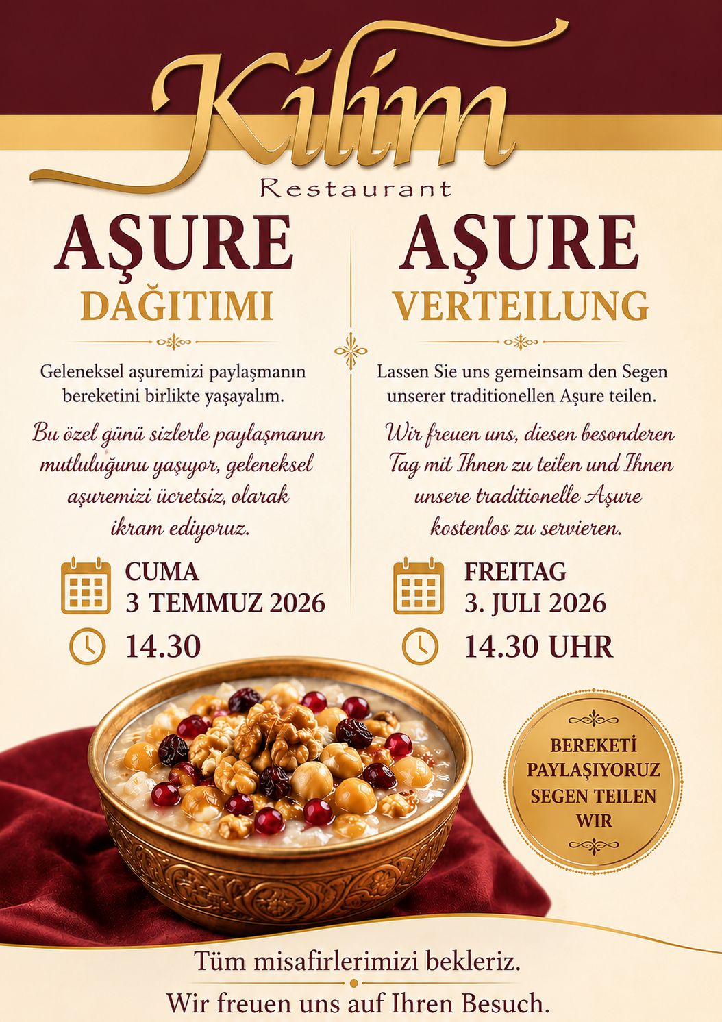 Kilim Restaurant'tan Geleneksel Aşure İkramına Davet